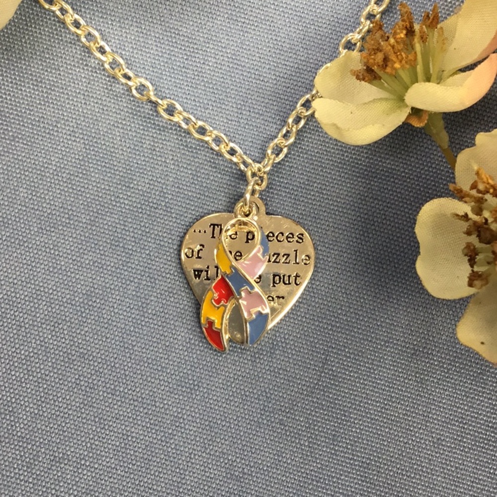 Autism Puzzle Ribbon Charm Necklace